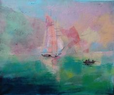 an abstract painting of a sailboat in the ocean