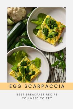 two white plates with food on them and the words egg scarpaccia above it