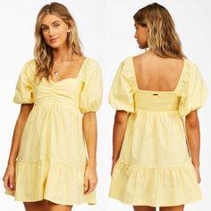 Size: Large Bust: 36-38 In. Waist: 30 In. Features: Fabric: Cotton Poplin Fabric. Fit:Fitted Bodice. Short Puff Sleeves. Neck:Sweetheart Neckline. Ruffle On Skirt Hem. Composition: 100% Cotton. Yellow Puff Sleeve Cotton Dress, Yellow Cotton Puff Sleeve Dress, Yellow Puff Sleeve Mini Dress With Ruffles, Yellow Puff Sleeve Mini Dress For Summer, Yellow Puff Sleeve Mini Dress For Spring, Yellow Fitted Mini Dress With Puff Sleeves, Yellow Mini Dress With Ruffles And Square Neck, Cute Yellow Mini Dress For Vacation, Cute Yellow Dress For Day Out