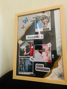 a collage of photos and stickers on a wooden frame with the words happy birthday