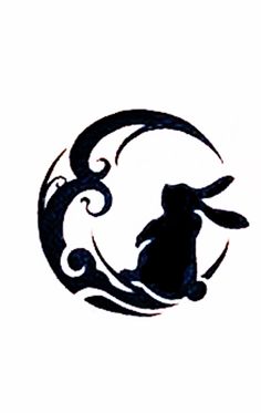 the silhouette of a rabbit sitting on top of a crescent with swirls and waves