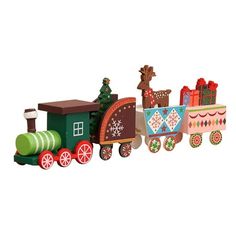 a wooden toy train with christmas decorations on it