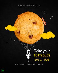 an advertisement for chocolate chip cookies featuring a giant cookie being pulled by a person on a parachute