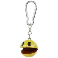 a yellow smiley face keychain hanging from a metal carabe chain on a white background