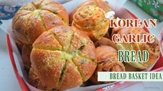 korean garlic bread in a basket with text overlay