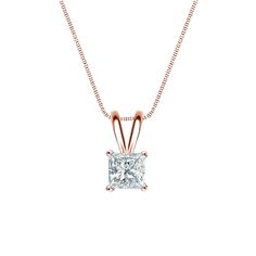 14k Rose Gold 4-Prong Basket Certified Princess-Cut Diamond Solitaire Pendant Black Diamond Pendant, Black Diamond Studs, Diamond Solitaire Pendant, Halo Diamond Earrings, Solitaire Diamond Pendant, Princess Cut Moissanite, Colored Diamond Rings, Moissanite Pendant, Pendant Necklace Simple