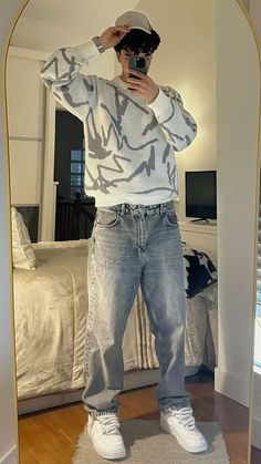 Outfit Ideas Uk, Air Force 1 Outfit Men, Grey Jeans Outfit, Tiktok Y2k, Grey Sweater Outfit, Κούρεμα Bob, Tuff Fits, Air Force 1 Outfit