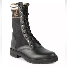 Fendi's Rockoko Combat Boots Are Crafted Of Leather And Accented In Ribbed Knit With The Brand's Trademark Logo. Leather/Knit Upper Almond Toe Lace-Up Style Leather Lining Rubber Sole Made In Italy Hidden Wedge Heel, 1" (30mm) Combat Boots With Socks, Fendi Boots, Womens Designer Boots, Leather Biker Boots, Womens Combat Boots, Black Combat Boots, Fendi Shoes, Boot Brands, Biker Boots