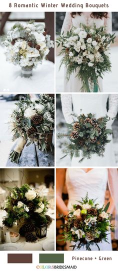 wedding bouquets with pine cones and greenery are shown in this collage, including the bride's bouquet