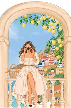 a painting of a woman sitting on a balcony with lemons hanging from the tree