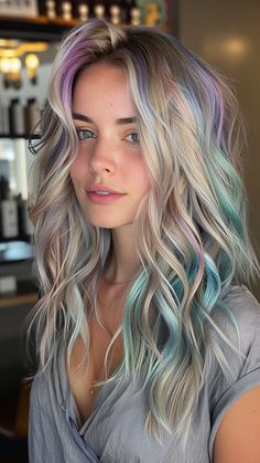 25 Trendy Silver Hair Color Ideas for Your Dreamy Look Watercolor Hair Dye, Summer Mermaid Hair, Blonde Hair With Fun Color Underneath, Colorful Hair With Blonde, Color Blocking Blonde Hair, Color In Blonde Hair, Colorful Highlights In Blonde Hair