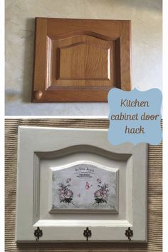 the kitchen cabinet door has been painted white and is next to an old picture frame