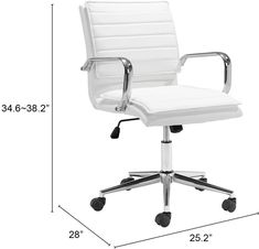 a white office chair is shown with measurements