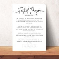 a white card with the words football prayer on it