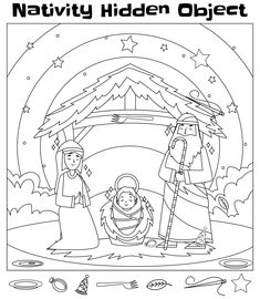 the nativity hidden object coloring page with an image of jesus and mary in the manger