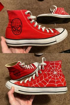 red converse; one with a white embroidered web and the other with a black embroidered spider-man mask Spider Man Hoodie Aesthetic, Red Converse Spider Web, Spider Man Converse Embroidery, Spider Man Converse Diy, Spiderman Hand Embroidery, Spiderman Converse Embroidered, Spider Man Shoes Diy, Spider Webs On Converse, Spider Man Shoes Converse