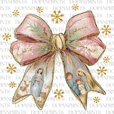 a christmas bow with the image of mary, jesus and baby jesus on it's side