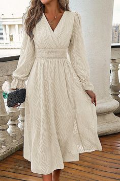 Long sleeve midi dress Made In : China Long Sleeve Neutral Dress, Velvet Shirt Dress, Clothing Themes, Ruffle Tiered Dress, Womens Fashion Jeans, Elegant Moments, Dress Cream, Leather Denim, Casual Weekend