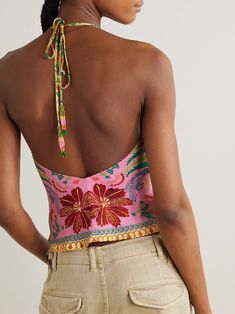 FARM RIO Fruits Queen tie-detailed printed satin halterneck top Fitted Silk Beach Top, Silk Fitted Top For Beach, Fitted Silk Top For Beach, Fitted Silk Top For The Beach, Summer Floral Print Halter Top For Party, Sleeveless Silk Beach Top, Summer Silk Tops For Vacation, Silk Summer Tops For Vacation, Summer Party Halter Top With Floral Print