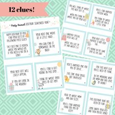 four printable baby shower games with the words, 12 clues and instructions for each game