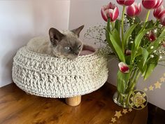 a cat sitting in a crocheted basket next to a vase with flowers