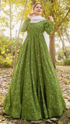 Cotton Anarkali Dress, Cotton Printed Anarkali, Printed Anarkali Suits, Bandhej Print, Simple Frock Design, Printed Anarkali