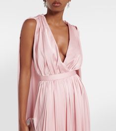 Pre-draped Maxi Dress With Draped Sleeves, Pre-draped Pleated Bodice Gown, Pre-draped Cape Evening Dress, Pre-draped Satin Maxi Dress, Pre-draped Silk Gown With Pleated Bodice, Pre-draped Gown With Cape Sleeves, Pre-draped Satin Dresses With Draped Sleeves, Evening Dress With Draped Sleeves, Chic Floor-length Gown With Satin Finish