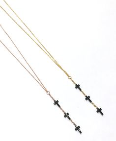 Dainty cross lariat necklace made with the highest quality of black cubic zirconias.  Sterling Silver, 925. Yellow and Rose Gold Plated. Necklace length is adjustable.  Ships in a gift box. Adjustable Cross Lariat Necklace, Gold Lariat Necklace, Sherman Oaks, Skin Cream, Lariat Necklace, Gold Plated Necklace, Black Stone, Cz Stone, Rose Gold Plates