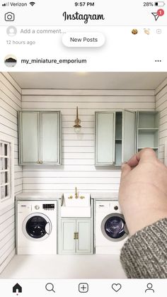 someone is taking a photo of the inside of a dollhouse with laundry machines and washers