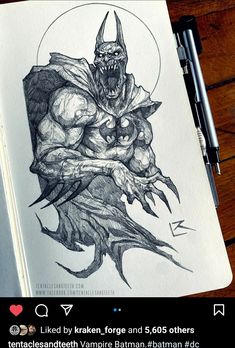 an ink drawing of a demon on paper