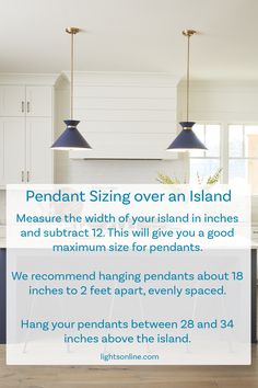 Guide to pendant light sizing over a kitchen island featuring two blue pendants hanging over a blue island in a white kitchen Pendant Above Island, Size Of Pendants Over Island, How Many Pendant Lights Over 6 Foot Island, Hanging Pendants Over Island, 2 Lights Over Kitchen Island, Island Pendants Farmhouse, Pendant Light Size Over Island, One Large Pendant Over Kitchen Island, Island Lighting Spacing