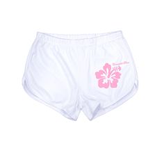 printed on front of shorts shorts are individually screen printed on a made to order basis, please allow 1 week to ship Hibiscus flower print on shorts! Hawaiian Style Shorts With Built-in Shorts For Poolside, White Floral Print Beach Shorts, Floral Print Poolside Shorts, Floral Print Shorts For Poolside, White Floral Print Shorts For Beach Season, White Printed Short Bottoms, White Printed Cotton Shorts, White Tropical Shorts For Poolside, Printed Cotton Swim Trunks