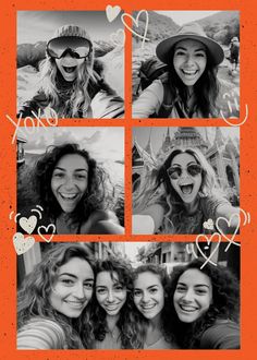 four girls are smiling and posing for the camera with hearts on their faces in black and white