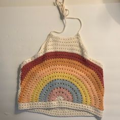 So Pretty! American Eagle Crocheted Halter Crop Top. The Front Of The Crop Top Features A Rainbow And Beautiful Hughes Of Pink Blue, Yellow Peach Orange And Rust. Pretty American, Crochet Halter, Pink Blue Yellow, Peach Orange, Halter Crop Top, A Rainbow, Pink Yellow, Blue Orange, Blue Yellow