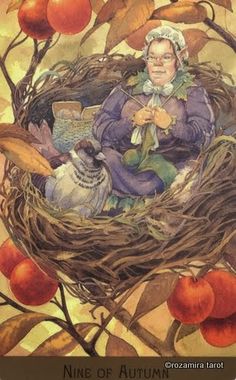 an image of a woman sitting in a bird's nest surrounded by apples and oranges