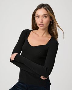 This long sleeve top is made from an incredibly soft and comfortable black ribbed knit material with a flattering contour stitch detail throughout and a sweetheart neckline. The Parvati Top looks great tucked into any shade of denim. | Parvati Top - Black | Size Small Black Ribbed Tops For Fall, Ribbed Knit Tops For Fall, Black Ribbed Long Sleeve Top For Spring, Long Sleeve Ribbed Tops For Fall, Long Sleeve Tops With Ribbing For Fall, Fall Long Sleeve Ribbed Tops, Fall Ribbed Long Sleeve Tops, Fitted Knit Top For Winter, Chanel Loafers