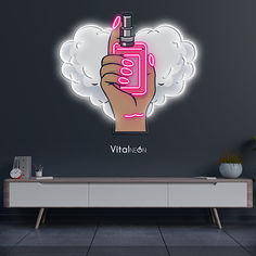 a hand holding a bottle with the word virtual on it in front of a wall