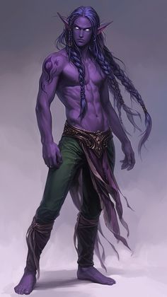 a man with long hair and purple skin is dressed up as he appears to be an elf