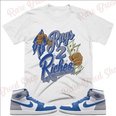 Custom Designed Sneaker T Shirt T-Shirt Features - Comfortable and light, premium short sleeve tee. 🔹 Premium fit 🔹100% Soft cotton 🔹Light fabric (4.3 oz/yd² (146 g/m 🔹Tear away label Shoes Not Included Custom Made - Not Adidas, Nike, or Jordan Brand Sneaker Tee, Sneaker T-Shirt The sneakers/shoes are not being sold in this product. You are only purchasing the tshirt/hoodie/socks/sweatshirt/tank top/hat/shorts. Shoes are NOT included. The shoes displayed are sold separately elsewhere and are Rags To Riches, Jordan Retro 6, Nike Retro, Jordan Retro 1, Sneaker Tee, Retro 1, Shoe Display, Grey Outfit, Matching Jordans