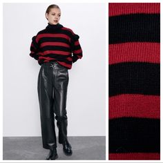 Nwt. Zara Red/Black Striped Mohair Knit Sweater With A Round Neckline With Tulle Appliqu, Long Sleeves With Ruffle Trims. Size M. Ref. 6771/133. Pit To Pit 22" Flat, Shoulders 20", Sleeves 20", Length 24". 1030 Mohair Knit Sweater, Fringe Sweatshirt, Mohair Sweater Knit, Oversized Pullover Sweaters, Cream Colored Sweater, Mohair Knit, Distressed Sweaters, Linen Sweater, Disney Sweaters