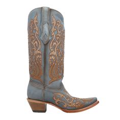 Charming, divine, and feminine. The blue hue leather and tan overlay with embroidery and crystals make this boot a must for that special event. This is a style you can wear all day without worrying about getting tired. It features; sturdy pull-on straps and an elegant snip toe. The smooth inside leather lining, cushioned leather insole, leather outer sole with a rubber heel cap, and 2-inch stacked heel, scream comfort. $347.95 Western Leather Embellished Boots, Western Style Embellished Leather Boots, Embellished Leather Boots With Snip Toe, Blue Rhinestone Boots For Fall, Western Embellished Snip Toe Boots, Corral Boots Womens, Corral Boots, Studded Heels, Heel Caps