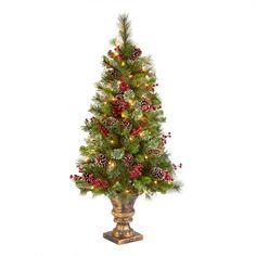 a small christmas tree with lights and pine cones in a gold vase on a white background