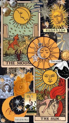 the sun and moon tarot cards are arranged on top of each other, with different images