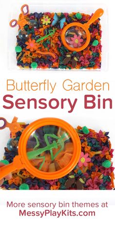 a close up of a magnifying glass filled with buttons and plastic letters that read butterfly garden sensory bin