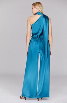 Our signature one shoulder bias cut top with an attached scarf that can be worn loose down the back or wrapped gracefully around the neck. Satin Pajama Pants, Cut Top, Evening Jackets, Pajama Pant, Satin Pajamas, City Style, Silk Crepe, Slim Pants, Steel Blue