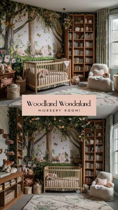 the nursery is decorated with woodland wallpaper