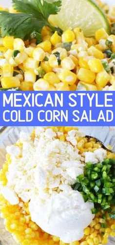 mexican style cold corn salad with sour cream and cilantro on the side, served in a glass bowl