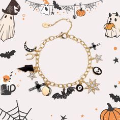 Unveil a touch of eerie enchantment with our Halloween Charm Bracelet. This macabre masterpiece, clad in 18K gold on brass, conjures visions of a spine-chilling soirée. Adorned with a dripping oil charm, it's as if the very essence of a haunted house has been captured. Sparkling cubic zirconia stones add a ghostly glow, casting a bewitching spell under the moonlight. A perfect accessory for those who revel in the gothic and grotesque. Dare to be different and let your Halloween spirit shine. DETAILS Plating: 18K Gold Materials:   18K Gold on Brass, Dripping Oil, Cubic Zirconia Measurements: Length: 6.50"(16.5cm) + Extender: 2.36"(6.0cm) Weight:  20.8 g Gold Metal Jewelry For Costume Party, Gold Halloween Party Jewelry, Gothic Gold Jewelry For Halloween, Gold Themed Charm Bracelet, Themed Gold Charm Bracelet, Magical Gold Jewelry For Party, Themed Gold Jewelry For Party, Halloween Bracelet Jewelry Gift, Gothic Halloween Bracelets As A Gift