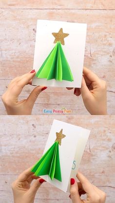 someone is holding an origami christmas tree with gold stars on top and green paper folded in the shape of a star