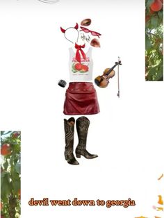 a woman in a skirt and boots with a violin on her shoulder is standing next to an apple tree